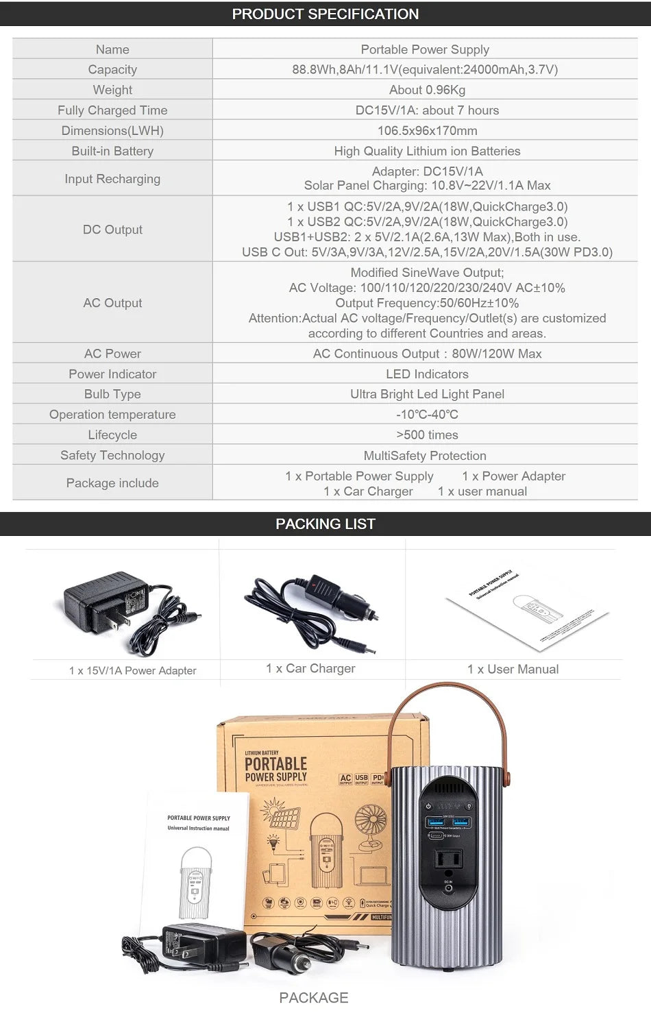 Sistema de energía solar 5 en 1 24000mAh generador portátil de energía 80W, generador solar con AC, DC, USB y PD de 30W para uso exterior.